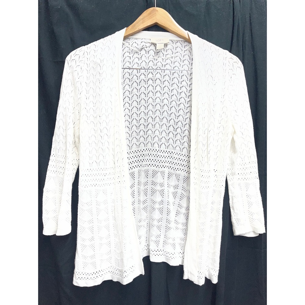 LOFT Womens White Pointelle Knit Open Front Cardigan Sweater Size M 3/4 Sleeve